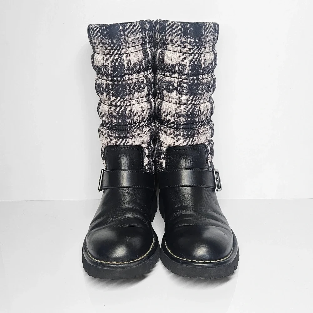 Chanel Calfskin Tweed Nylon Printed Boots 37.5 Black CC Logo Lug Sole